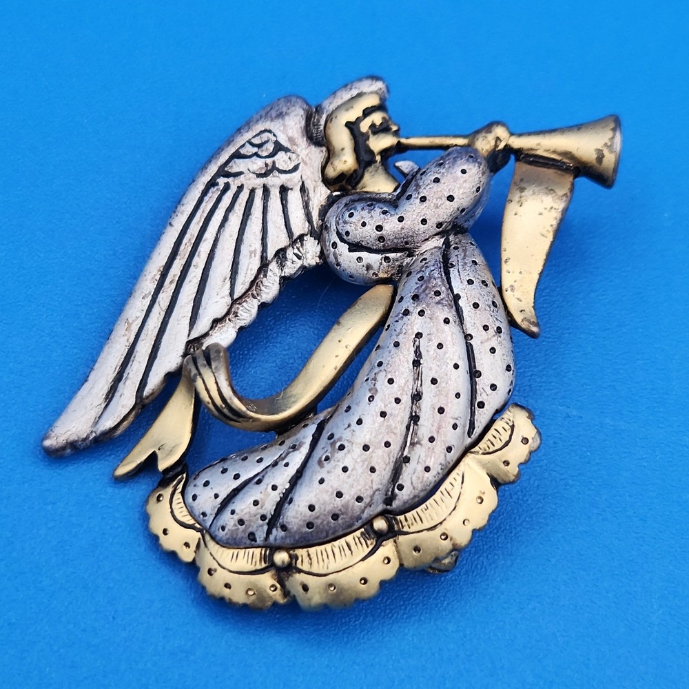Vintage Danecraft Angel Brooch Two Tone Silver Gold Herald Trumpet Pin